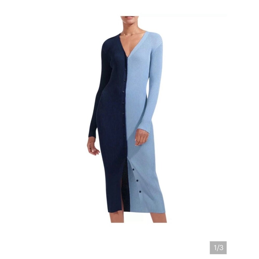 STAUD Shoko Colorblock Ribbed Sweater Dress Navy Clear Blue Size XL Worn Once
